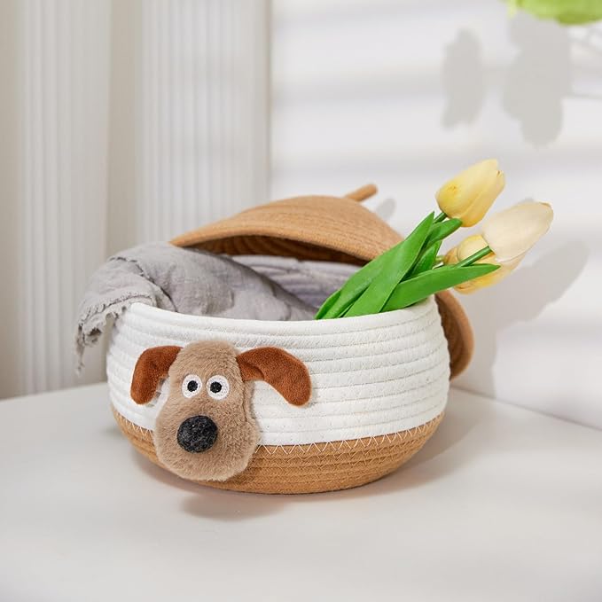 Bellar Small Rope Basket With Lid Woven Storage Box Cute Animal Dog Toy Box Organizers Cotton Rope Basket for Kids Small Snack Storage Area Decorative Boxes Aesthetic-8.6''*8.6''-Brown*White