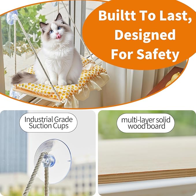 Cat Window Perch, Heavy Duty 20KG/44LB Suction Cup Hammock Bed with Soft Cushion, Secure & Stable Window Mount for Lazy Time, Bird Watching, Safe for Large Cats, 18.9"x14.5" (Yellow Duck)