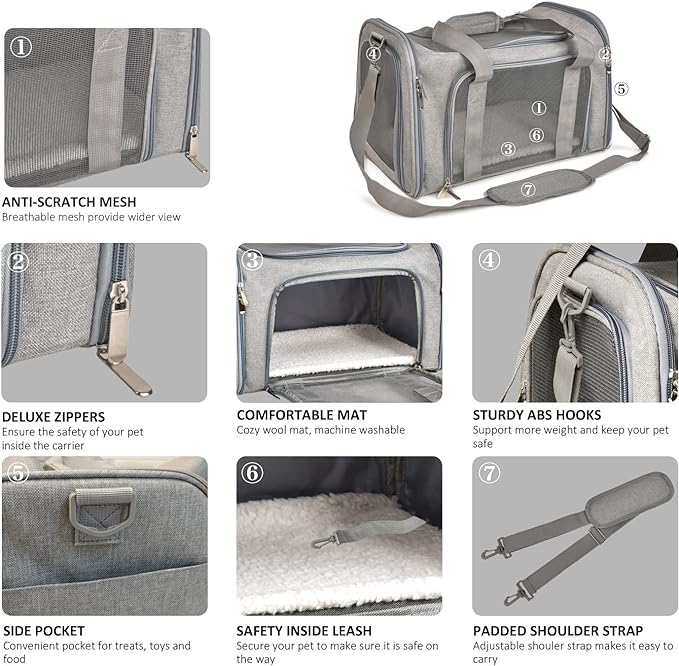 Henkelion Cat Carriers Dog Carrier Pet Carrier for Small/Medium Cats Dogs Puppies (Up to 15lbs), TSA Airline Approved Small Dog Carrier Soft Sided, Collapsible Waterproof Travel Puppy Carrier - Grey
