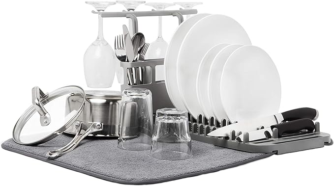 Umbra Udry Dish Rack and Microfiber Drying Mat – Space-Saving Design Folds Up for Easy Storage, Rack with Caddy, Gray