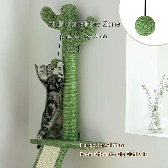 Wall Mounted Cat Scratcher with Jump Platform – Tall, Stable Cat Wall Furniture with Sisal Post for Climbing and Scratching – Cactus Design for Indoor Cats