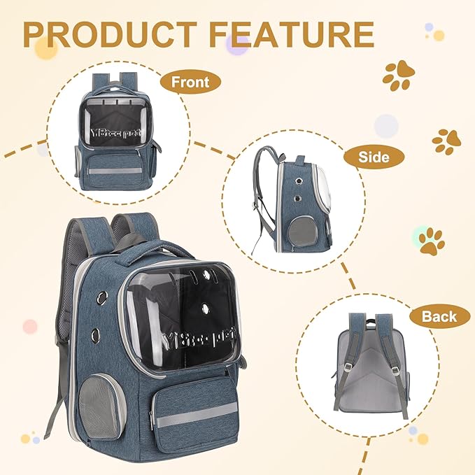 Pet Backpack Carrier, Portable and Ventilated, Oxford Cloth, Dog Cat Travel Bag with Transparent Cover 14.17", (Blue, 1 Pcs), Intended for Hiking/Camping/Traveling
