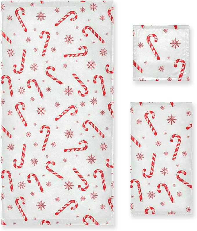 Pfrewn Christmas Winter Towels Set of 3 Red Candy Cane Snowflakes Bathroom Towel Soft Absorbent Bath Hand Towels Washcloth Guest Towel Sets Xmas Holiday Decor