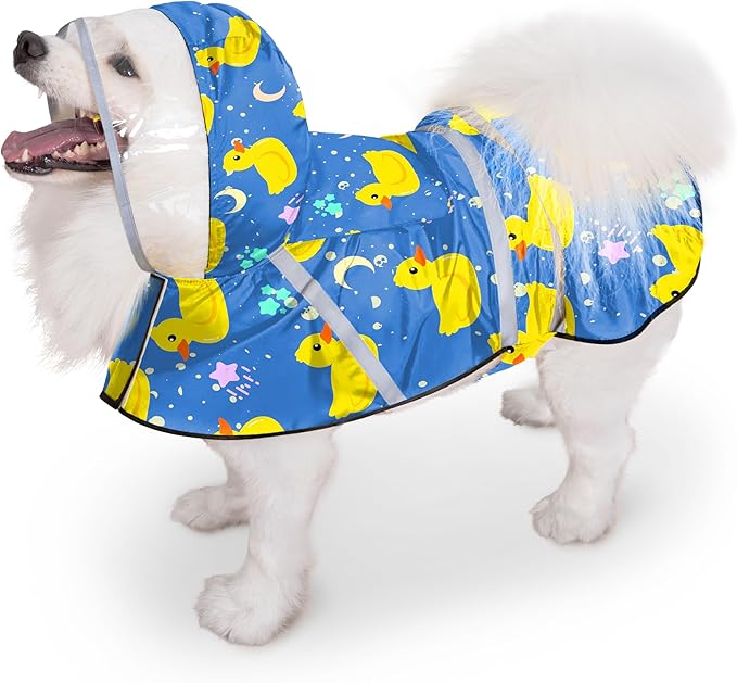 Dog Raincoat, Adjustable Rain Jacket with Hooded Double Layer for Large Medium Small Dogs Puppies, Lightweight Waterproof Rain Coat Poncho with Reflective Stripe Duck Blue,M