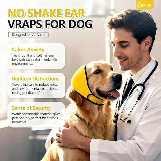 Dog Ear Cover for Hematoma,Bathing,Grooming,Drying,Fashion No Shake Ear Wraps for Dogs Ear Muffs Noise Protection Anxiety Relief,Waterproof Dog Calming Hoodie Shower Cap(Yellow,M)