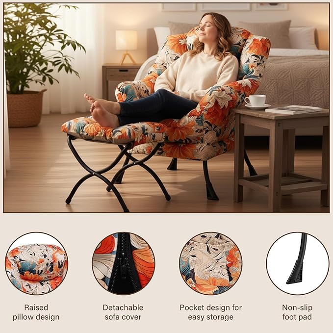 Welnow Lazy Chair with Ottoman, Modern Lounge Accent Chair with Armrests and a Side Pocket, Leisure Sofa Armchair Set, Reading Armchair with Footrest for Small Space, Orange Blue