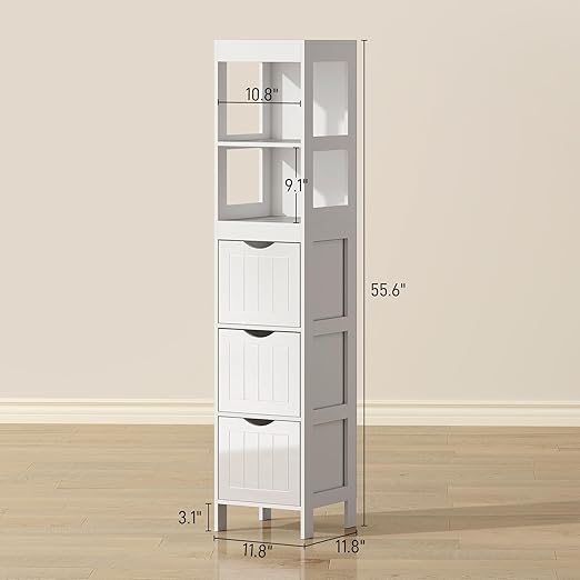 HOMCOM Narrow Bathroom Storage Cabinet, Bathroom Floor Cabinet with 3 Drawers & 2 Open Shelves, Freestanding Slim Storage Organizer for Small Spaces, White