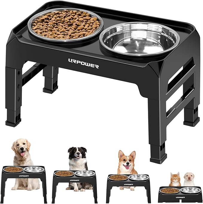 URPOWER Raised Dog Bowls 4 Height Adjustable Elevated Bowl Stand with Stainless Steel Water Bowl Non-Slip Dog Food Bowls Stand for Small Medium Large Dogs and Pets