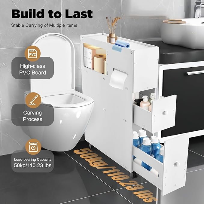 Slim Bathroom Floor Cabinet, Narrow Bathroom Storage Cabinet Plastic Storage Drawers Free Standing Cabinet Rolling Toilet Paper Holder with Slide Out Drawers Thin Toilet Cabinet w/Wheel