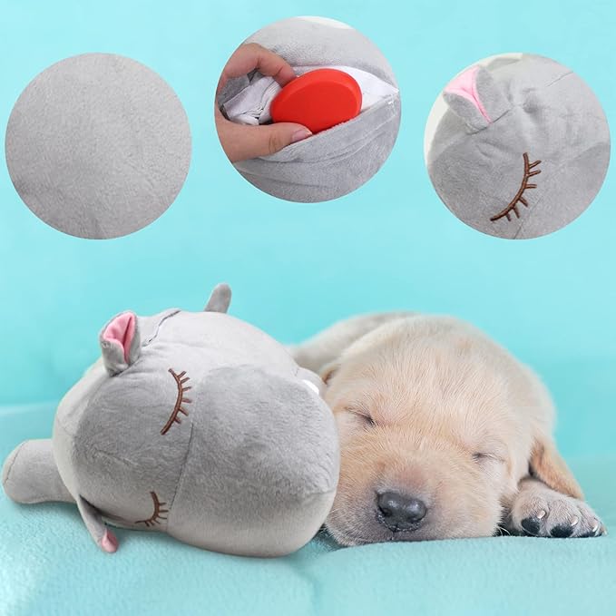 3T GROUP Heartbeat Puppy Toys for Dog Heartbeat Stuffed Animal Hippo Toy for Puppies Essentials Anxiety Relief Comfort Plush Pillow Calming Puppy Toys(Gray)