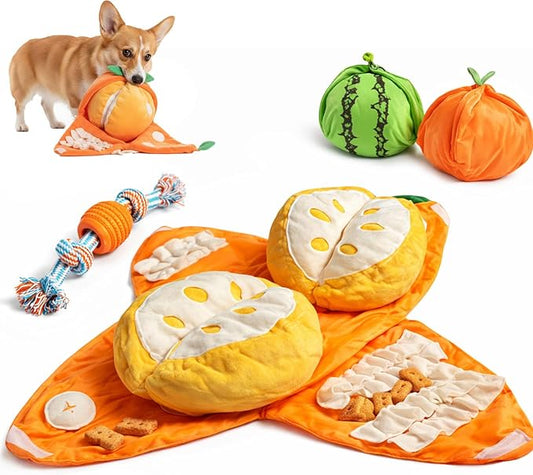Orange Hide-and-Seek Plush Dog Toy, Watermelon Dogs Toy, 3 in 1 Interactive Snuffle Puzzle Dog Toys with Crinkle Papers for Small Medium Dogs Nosework Enrichment for Boredom Relief (Orange)