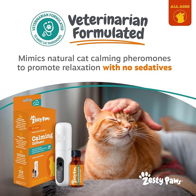 Zesty Paws Cat Pheromones Calming Diffuser Plug-in Starter Kit – Cat Calming Diffuser for Stress, Urine Spraying, Scratching, Excessive Grooming & Aggression – 1 Refill
