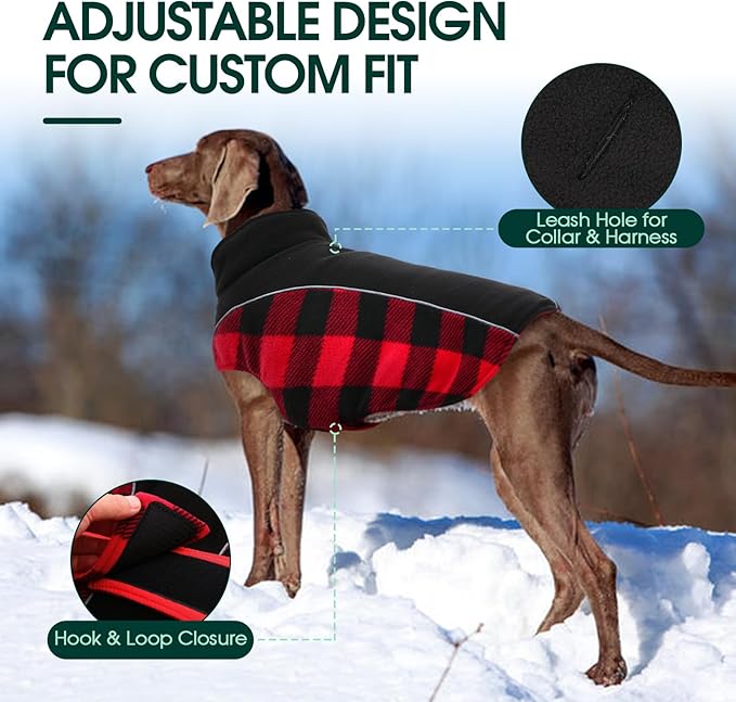 Kuoser Dog Winter Coat, Reversible Waterproof Dog Jacket with Reflective Strip, Warm Dogs Fleece Vest Adjustable Doggy Cold Weather Clothes Plaid Christmas Outfit Pet Apparel for Large Dogs, Red XL