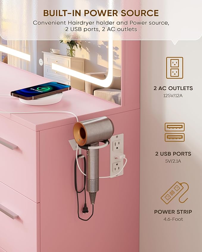 Makeup Vanity Desk Set, Pink, 35.4“W x 15.7" D x 53.9" H (Large Smart LED Mirror, with Cushion Stool, Hairdryer Rack, Power-Outlet, 4 Drawers)