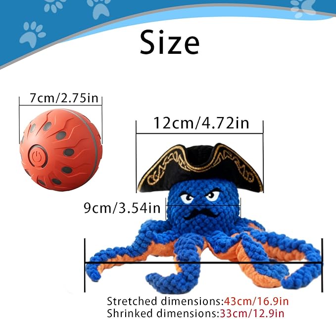 Octopus Dog Toy-Automatic Bouncing Ball, Moving Chew Toy with Bouncing Ball, Interactive Dog Toys for Small and Large Dogs, Automatic Moving Dog Ball Toys, Squeaky Tug of War Dog Toy to Keep Them Busy