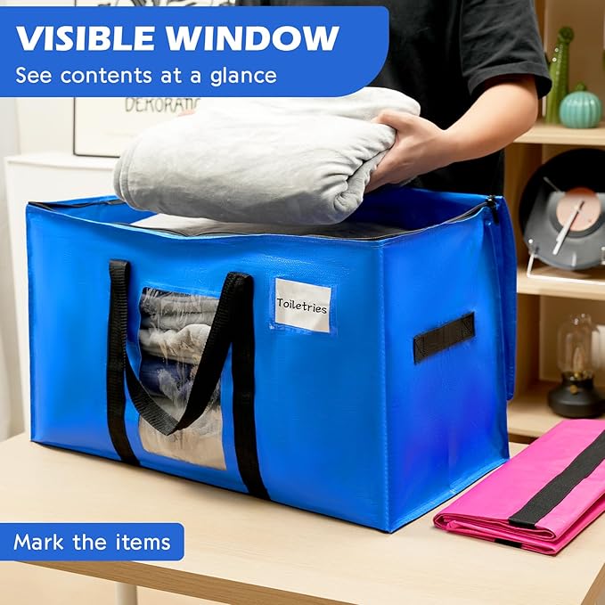 6 Pack Extra Large Moving Bags with Visible Window & Tag Pocket,Strong Zippers & Handles, Heavy Duty Storage Totes for Moving & Space Saving