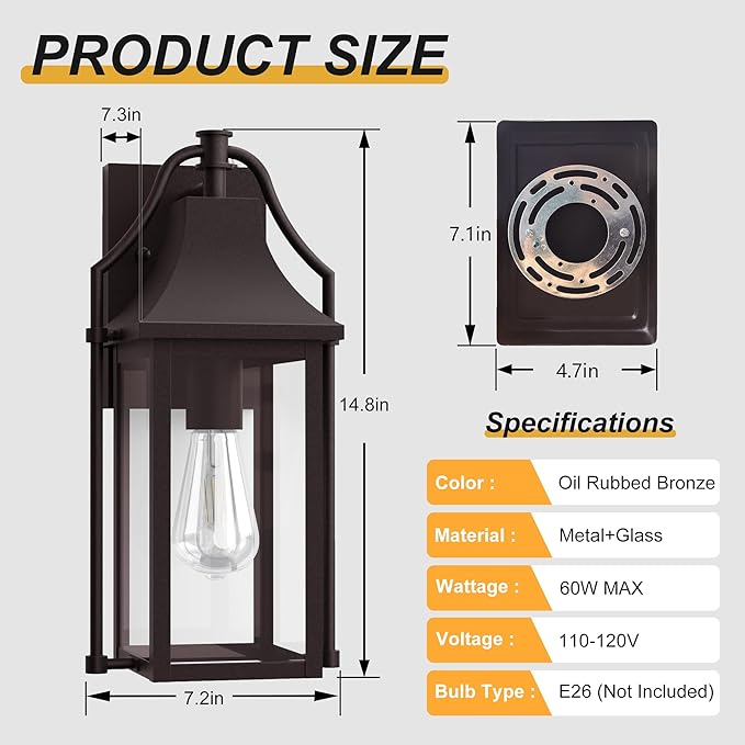 Dusk to Dawn Outdoor Wall Light, Waterproof Wall Sconces, Exterior Wall Mount Lantern Sconce with Glass, Oil Rubbed Bronze Patio Lanterns for House Garage Front Door, 14.8in, 1 Pcak