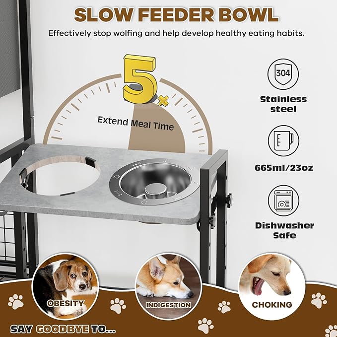 Elevated Dog Bowls Stand with Pet Storage Organizer, Adjustable Feeding Station Cabinet with Toy Basket for Large, Medium, and Small Dogs