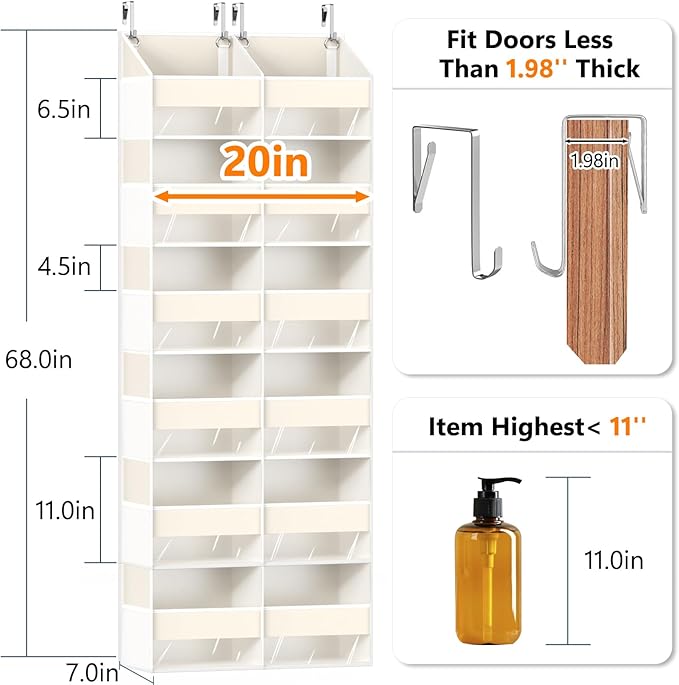 Heavy Duty Over The Door Organizer 6 Tiers, Extra Large Behind Door Storage of 12 Big Front & 12 Mesh Pockets, 80lb Weight Capacity, Hanging Doors Storage for Closet Bedroom Nursery, Beige
