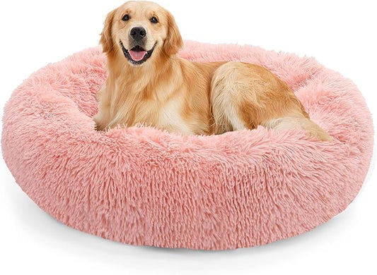 NOYAL Calming Donut Dog Bed for Small to Medium Dogs & Cats - Plush Faux Fur Anti-Anxiety Pet Bed with Machine Washable Cover & Non-Slip Base