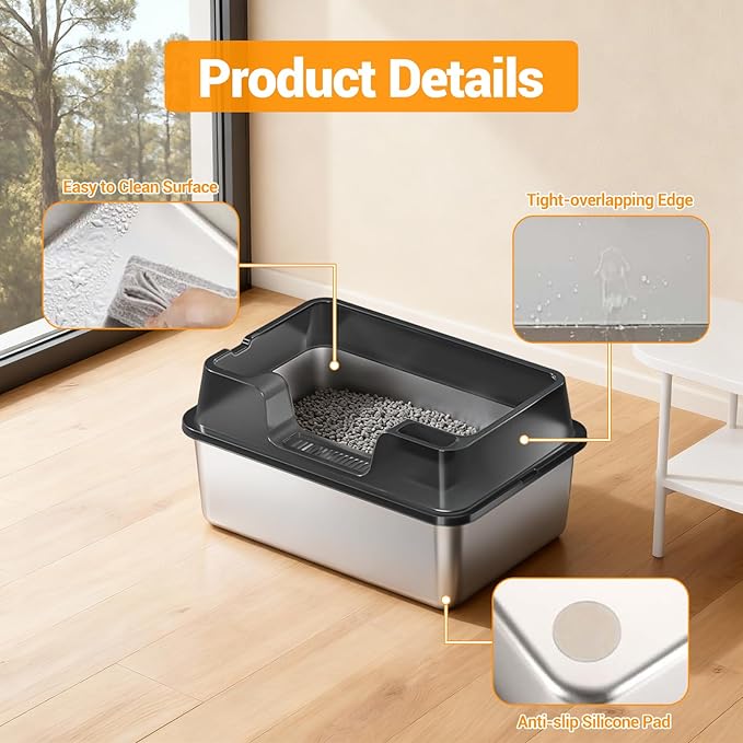 Enclosed Stainless Steel Cat Litter Box with Lid Extra Large Litter Box for Big Cats XL Metal Litter Pan Tray with High Wall Sides Enclosure, Non-Sticky, Anti-Leakage, Easy Cleaning
