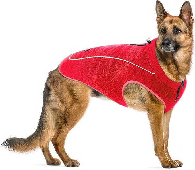 Insulated Fleece Sweater for Dogs | Lightweight Warm Dog Vest | Zipper Port for Harness | Cold Weather Winter Jacket | Rain Snow Repellant Coat | Adjustable for Small Medium Large Girl Dogs (Red/XL)