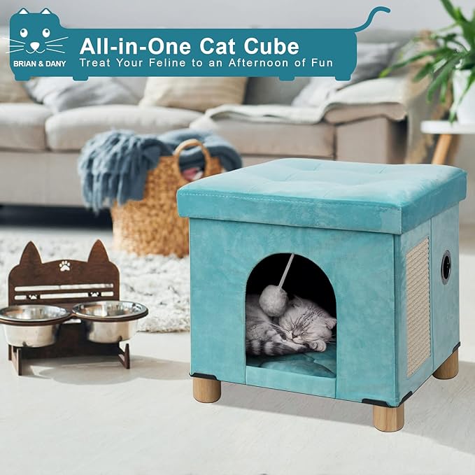 BRIAN & DANY Foldable Cat House, Cat Cave, Cat Cube with Scratch Board & Ball, 12.5" x 14.5” x 14.1”, Green