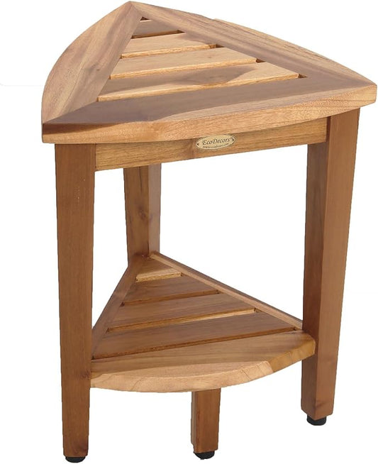 EcoDecors Snazzy Corner Waterproof Teak Wood Shower Bench Stool Seat Chair For Inside Shower Provides Safety, Storage, and Organization For Bathroom Accessories