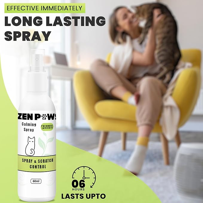 Zenpaws Cat Phermone Calming Spray - Quickly Relieve Stress - Reduces Scratching Furniture, Peeing, Marking, Anxiety - Supports Relief for Fireworks, Travel, Vet Visits 60ml