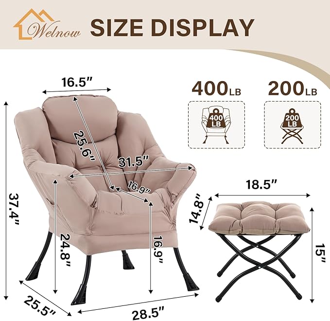 Welnow Lazy Chair with Ottoman, Modern Reading Lounge Accent Chair with Armrests and a Side Pocket, Leisure Upholstered Lazy Sofa Set with Footrest for Small Space, Khaki