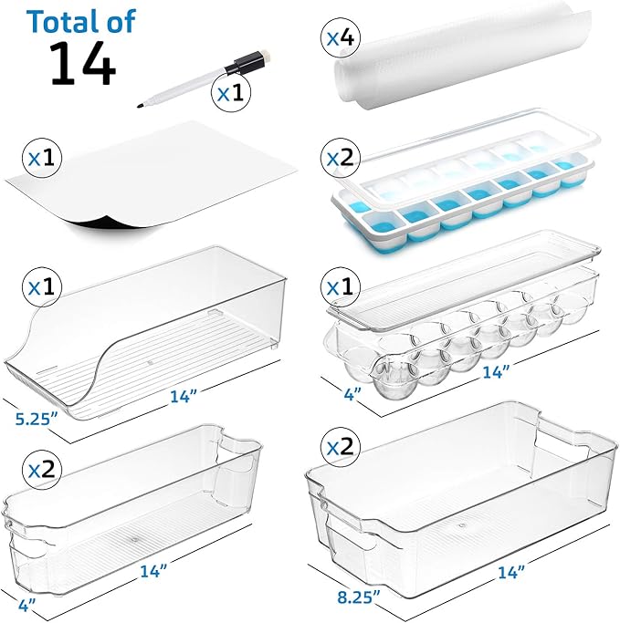 STORAGEBUD Fridge Organizer - 14 Piece Refrigerator Organizer Bins - Stackable Freezer Organizer - Clear Refrigerator Organizer - Acrylic Fridge Bins, (VDS-SB-BIN-14SET)