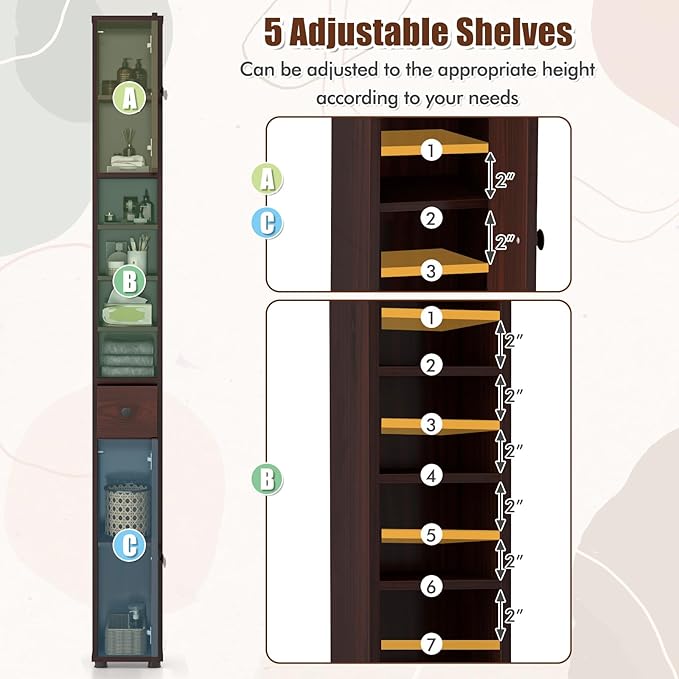 Giantex Slim Bathroom Storage Cabinet - Tall Narrow Floor Cabinet Cupboard with 2 Doors, 5 Adjustable Shelves, Drawer, Anti-Tipping Device, Thin Linen Tower Cabinet for Living Room, Reddish Brown