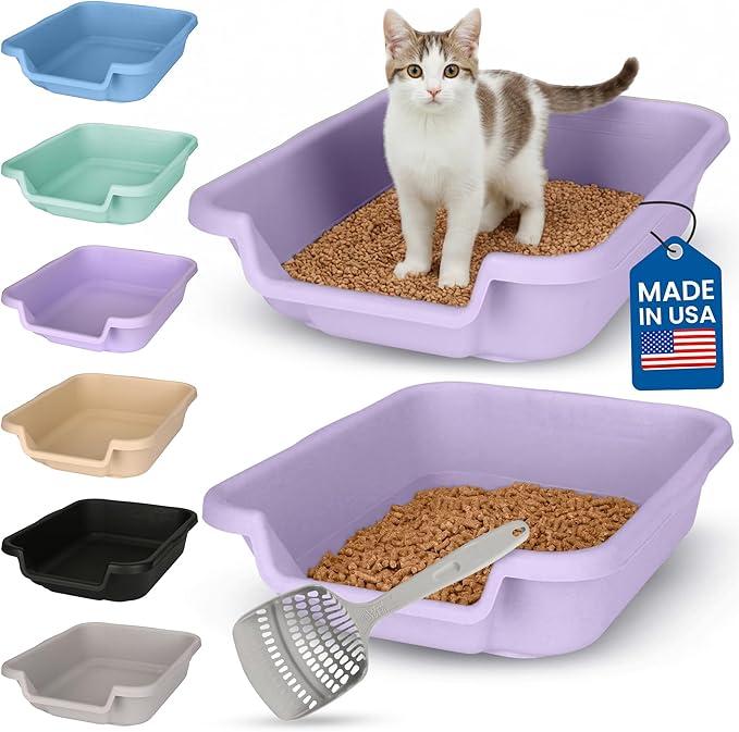 KittyGoHere Senior Cat Litter Box, Small Litter pan with Long-Handle Jumbo Scoop, Open Top Low Entrance Kitty Litters Box, Lightweight Low Entry Litter Box, Durable, Made in USA (2 Pack - Lavender)