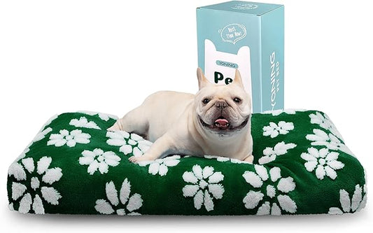 Dog Beds for Small Medium Dogs, Cute Thick Dog Bed for Crate Kennel, Fluffy Pet Bed with Removable Washable Cover and Anti-Slip Bottom, 30"x 20", Green Flower