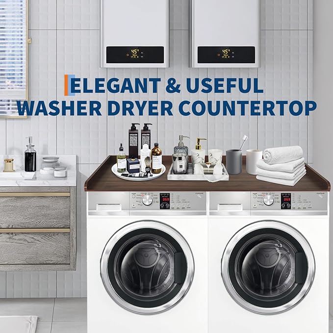 Washer Dryer Countertop with 2.75" h Edge Rails, 54" w x 27.55" d Wooden Laundry Countertop with Non-Slip Pads, Water-Resistant Washer and Dryer Topper for Laundry Room Organization and Storage