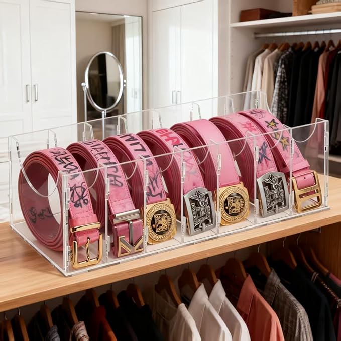 ECOSEAO Belt Organizer, Acrylic Belt Storage Holder for The Closet, Display Case for Tie and Bow Tie (7 Ties-L)