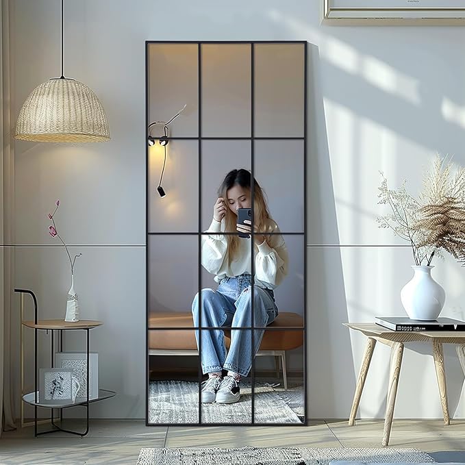 Windowpane Mirror Full Length 71""x30"" Wall Mounted Art Pane Mirror Farmhouse Decorative Floor Mirror Leaning Hanging Wall Mirror for Bedroom Living Room Entrance, Black