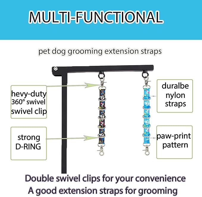 Dog Grooming Loop 2 Pack Dogs Grooming Table Arm Extension Straps Cute Unique Paw Pattern Double Snaps & 5 D-Ring Design Extender Strap Restraint Loops for Pet Groomers Dogs Salon (Sky Blue & Black)