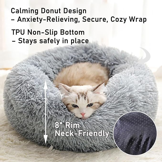 Calming Donut Dog Beds for Small Dogs Cats - Washable Removable Cover Non-Slip Bottom, Round Pet Bed Puppy Bed Warming Fluffy Faux Fur Anti-Anxiety, Fits up to 25 lbs (Light Grey, 23")