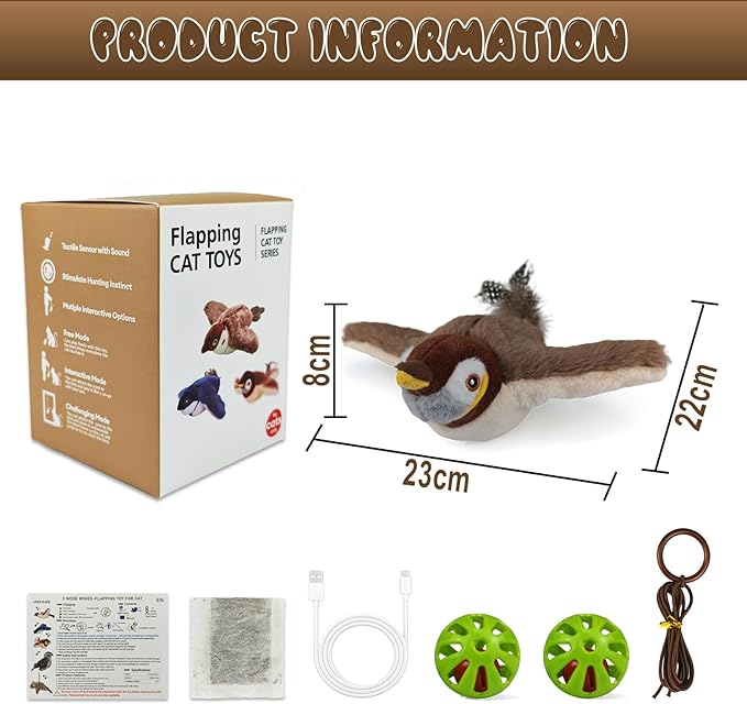 SZMDLX Rechargeable Flapping Sparrow Bird Cat Play Toy with Chirping Sound, Touch Activated Interactive Catnip Kicker, No Flying, Exercise Toy for Kittens, Cats, Small Dogs