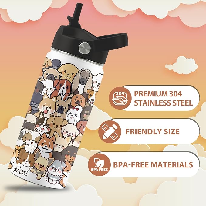 Dog Lover Gifts, 16 oz Water Bottle with Straw Lid, Stainless Steel Insulated Dog Water Bottle, Cute Puppy Tumbler for Travel Outdoor (1pcs)