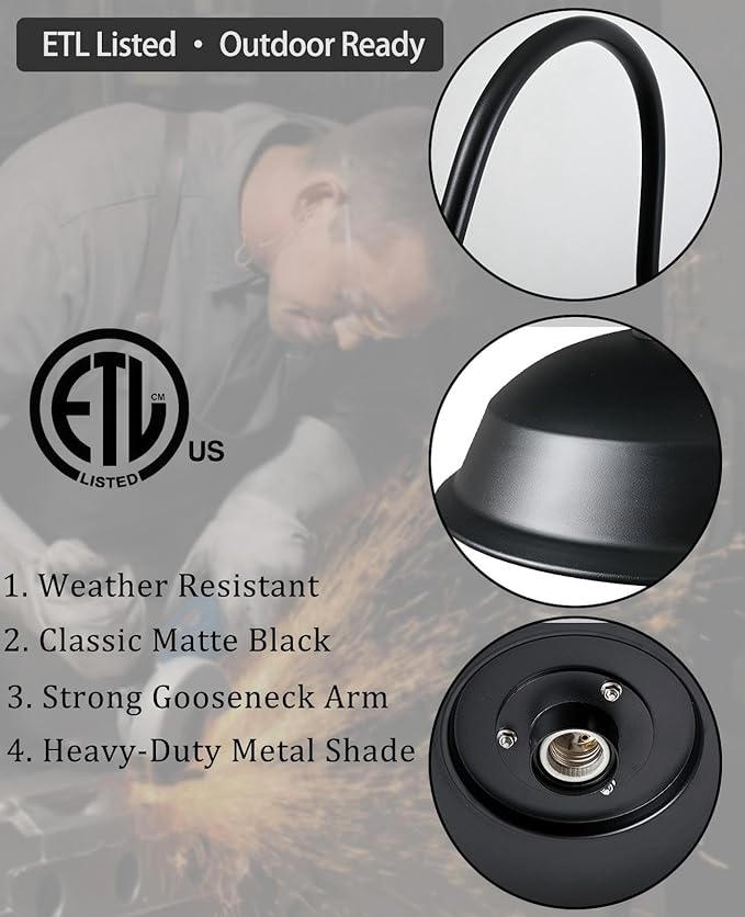15 Inch Gooseneck Barn Light Outdoor, Matte Black Farmhouse Wall Light for Porch and Garage, ETL Listed, Weather-Resistant, E26 Base, Easy Install