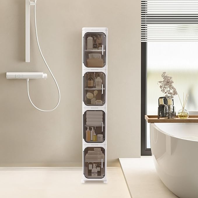 4-Tier Plastic Narrow Storage Cabinet with Movable Wheels & Doors, Tall Slim Bathroom Organizers and Storage Cabinet for Small Space, Bathroom, Kitchen, Laundry (White)