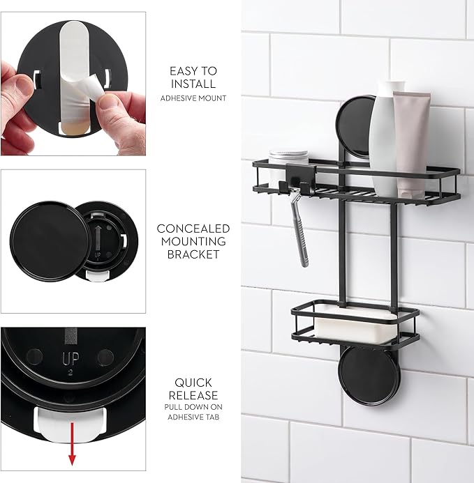 iDesign Self-Adhesive Shower Caddy with Razor Holder - Matte Black