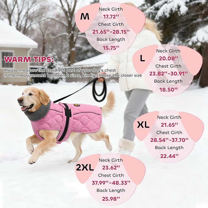 Dog Winter Jacket, Adjustable Water-Resistant Dog Warm Coat with Fleece Lining, Windproof Cold Weather Coats for Winter, Reflective Snow Jacket for Labrador Golden Retriever, NewPink XL