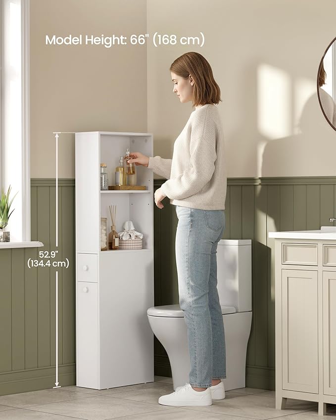 VASAGLE Slim Bathroom Storage Cabinet, Narrow Freestanding Cabinet with Storage Drawers and Adjustable Shelf, for Small Spaces, Modern Style, Cloud White UBBK567T14S | Narrow, Freestanding, Storage Drawers, Adjustable Shelf, Modern Style