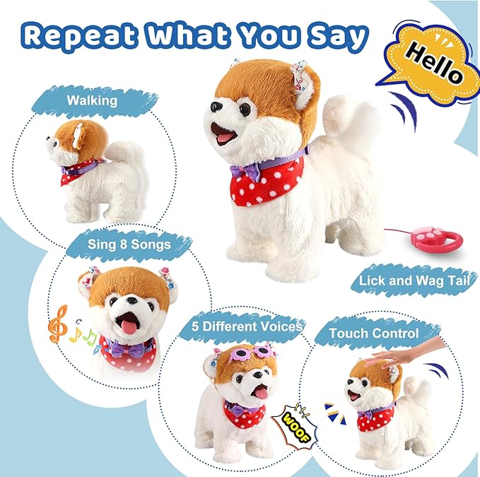 Pomeranian Walking Dog Toy for Girl Licking Barking Dog with Control Leash, Interactive Repeat What You Say, Talking Singing Robot Tail Wag Electric Pretend Dress Up for Kid