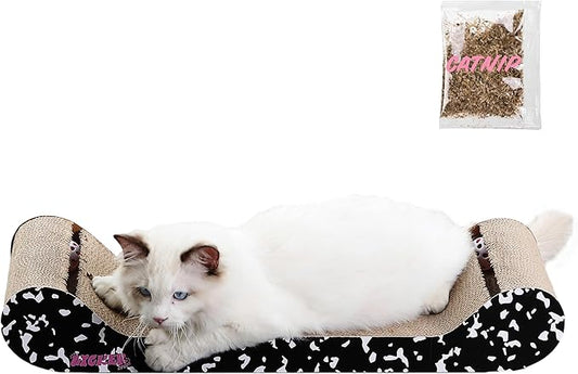 CSR1003B Rini 23.75" Modern Cardboard Lounge Bed Cat Scratcher with Built-in Bell Toys and Catnip, Black/White