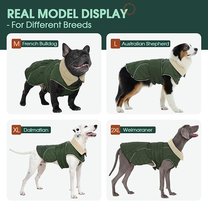 Kuoser Dog Jacket Warm Fleece Lined Dog Coats for Small Dogs, Waterproof Pet Coat Reflective Puppy Snowsuit with Harness Hole for Cold Weather Walking Hiking, Quilted Dogs Winter Vest, Green, S