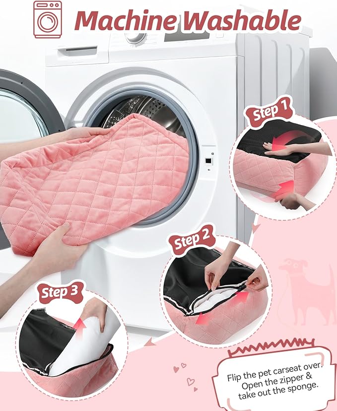 Dog Car Seat,Pet Booste Bed with Seatbelt,Washable Dog Car Travel Bed Easy to Assemble, Clip-On Safety Leash and Storage Pocket (Pink)